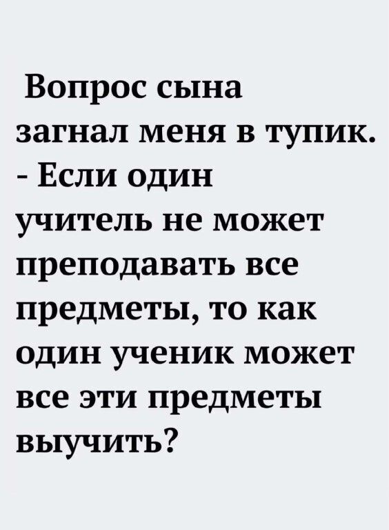 Вопрос сына загнал меня в тупик Если один учитель не может преподавать все предметы то как один ученик может все эти предметы выучить