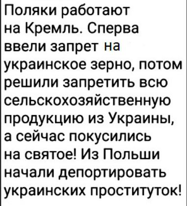 Поляки работают на Кремль Сперва ввели запрет на украинское зерно потом решили запретить всю сельскохозяйственную продукцию из Украины а сейчас покусились на святое Из Польши начали депортировать украинских проституток