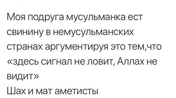 Моя подруга мусульманка ест свинину в немусульманских странах аргументируя это темчто здесь сигнал не ловит Аллах не видит Шах и мат аметисты