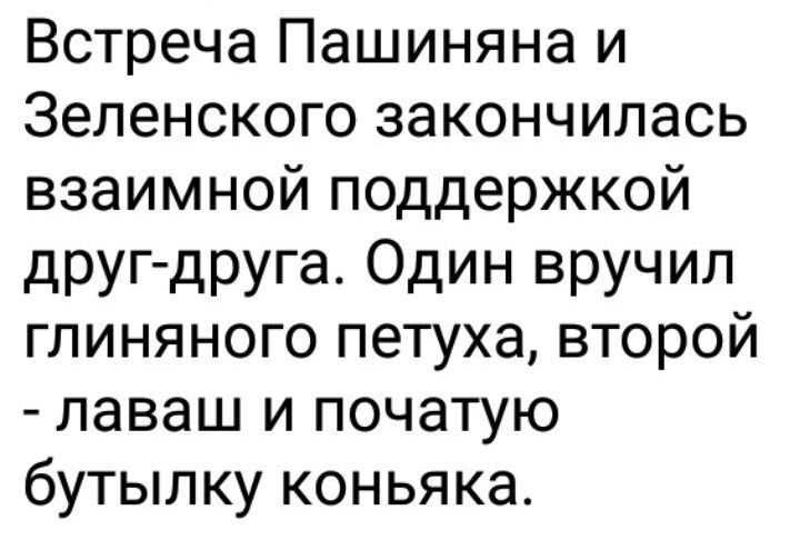 Встреча Пашиняна и Зеленского закончилась взаимной поддержкой друг друга Один вручил глиняного петуха второй лаваш и початую бутылку коньяка