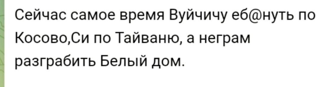 Сейчас самое время Вуйчичу ебнуть по КосовоСи по Тайваню а неграм разграбить Белый дом