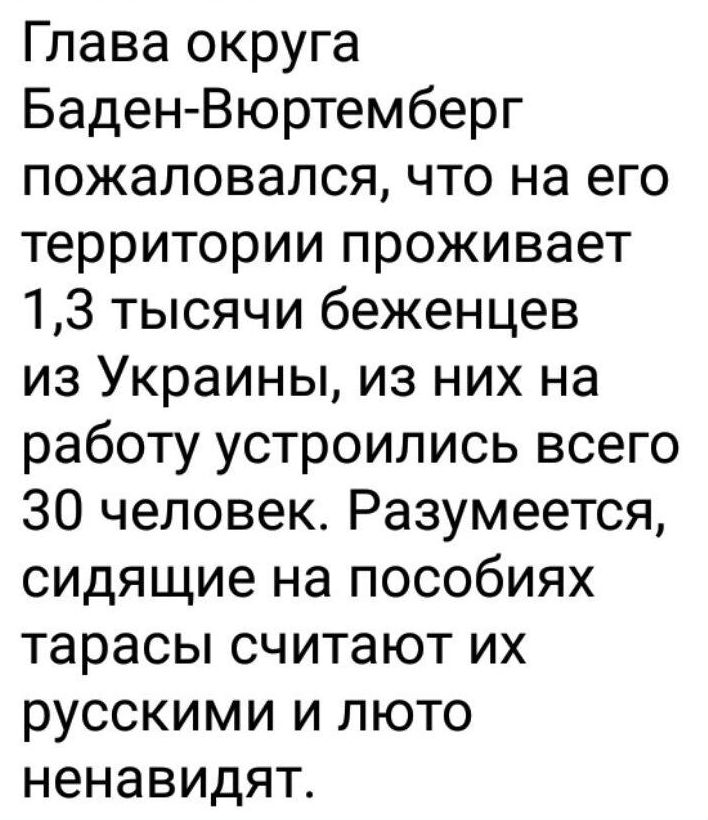 Глава округа Баден Вюртемберг пожаловался что на его территории проживает 13 тысячи беженцев из Украины из них на работу устроились всего 30 человек Разумеется сидящие на пособиях тарасы считают их русскими и люто ненавидят