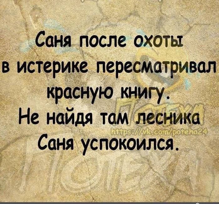 Саня после охоты в иёТерике пересматривал красную книгу Не найдя там лесника Саня успокоился цдц