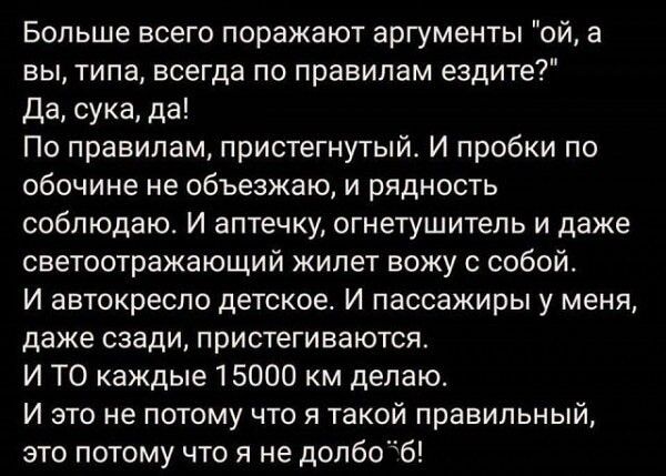Больше всего поражают аргументы ой а вы типа всегда по правилам ездите Да сука да По правилам пристегнутый И пробки по обочине не объезжаю и рядность соблюдаю И аптечку огнетушитель и даже светоотражающий жилет вожу с собой И автокресло детское И пассажиры у меня даже сзади пристегиваются И ТО каждые 15000 км делаю И это не потому что я такой правильный это потому что я не допбоб