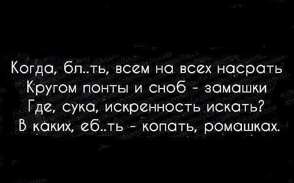 Когда бпть всем но всех насрать Кругом понты и сноб замашки Где суко искренность искать В каких ебть копоть ромошкох