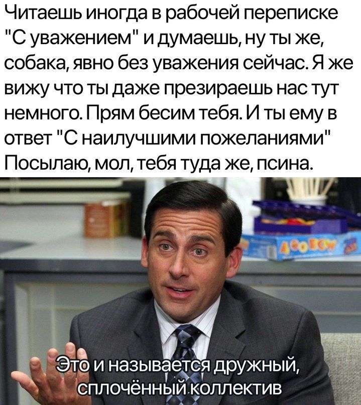 Читаешь иногда в рабочей переписке С уважением и думаешь ну ты же собака явно без уважения сейчас Я же вижу что ты даже презираешь нас тут немного Прям бесим тебя И ты ему в ответ С наилучшими пожеланиями Посылаю мол тебя туда же псина Это и называется дружный сплочённыи коллектив