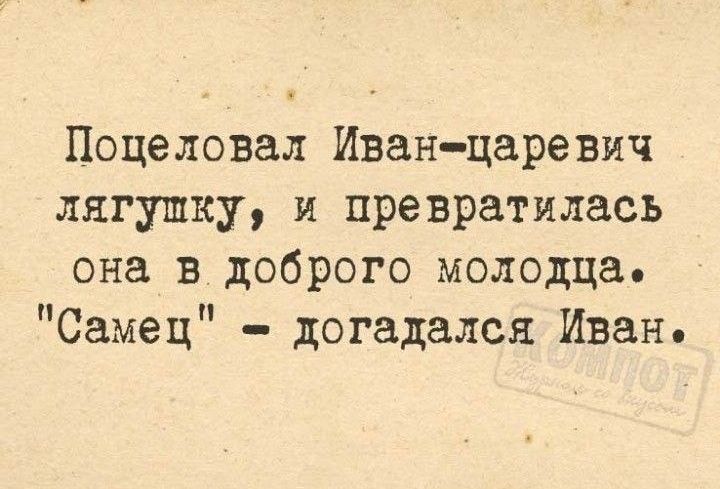 Поцеловал Иван царевич лягушку и превратилась она в доброго молодца Самец догадался Иван