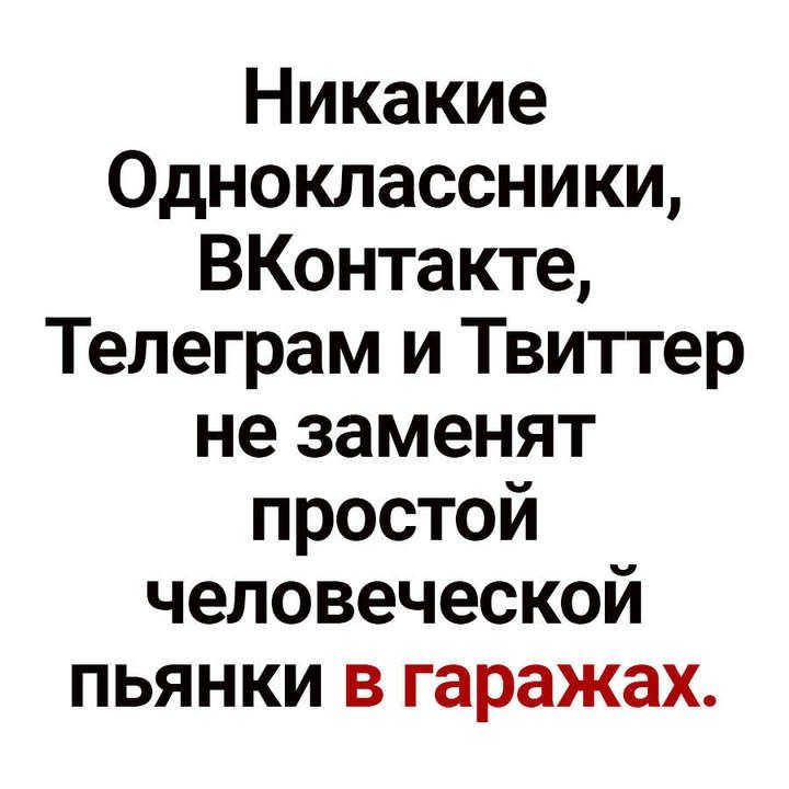 Никакие Одноклассники ВКонтакте Телеграм и Твитгер не заменят простой человеческой пьянки в гаражах