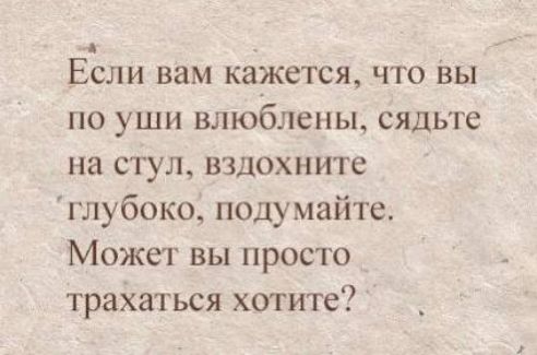 ЕЁли вам кажется что вы по уши влюблены сядьте на стул вздохните глубоко подумайте Может вы просто траХаться хоггите