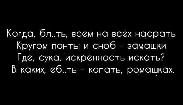 Когда бпТЬ всем но всех насрать Кругом понты и сноб замашки Где суко искренность искать В каких ебть копоть ремешках