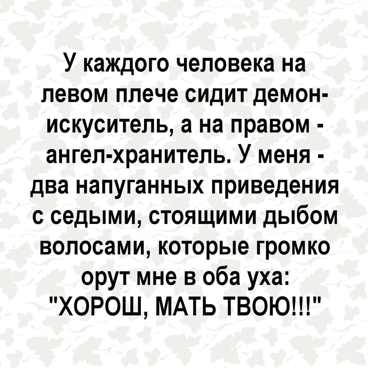 У каждого человека на левом плече сидит демон искуситель а на правом ангел хранитель У меня два напуганных приведения с седыми стоящими дыбом волосами которые громко орут мне в оба уха ХОРОШ МАТЬ ТВОЮ