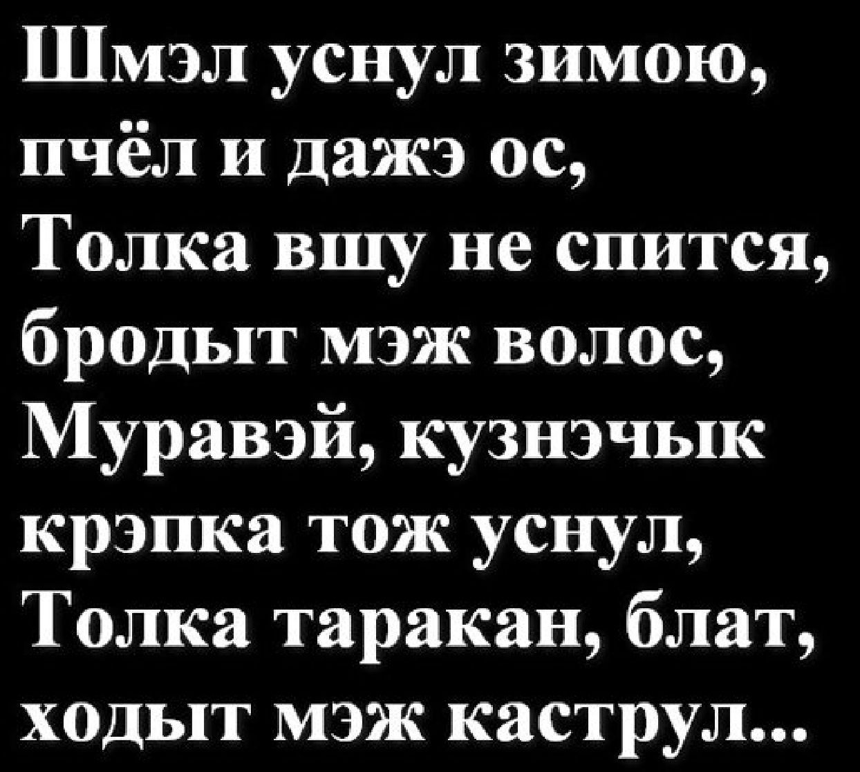 Шмэл уснул зимою пчёл и дажэ ос Толка вшу не спится бродыт мэж волос Муравэй кузнэчык крэпка тож уснул Толка таракан блат ходыт мэж каструл