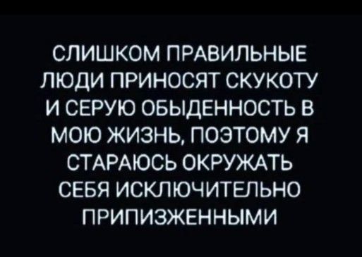 СЛИШКОМ ПРАВИЛЬНЫЕ ЛЮДИ ПРИНОСЯТ СКУКОТУ И СЕРУЮ ОБЫДЕННОСТЬ В МОЮ ЖИЗНЬ ПОЭТОМУ Я СТАРАЮСЬ ОКРУЖАТЬ СЕБЯ ИСКЛЮЧИТЕЛЬНО ПРИПИЗЖЕННЫМИ