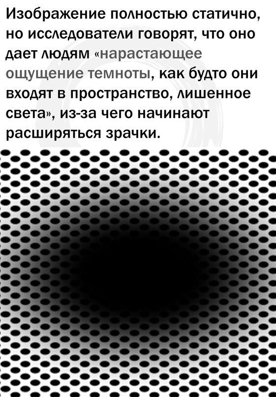 Изображение подностью статично но иссдедоватеди говорят что оно дает ЛЮДЯМ нарастающее ощущение темноты как будто они ВХОДЯТ В пространство лишенное света из за чего начинают расширяться зрачки О