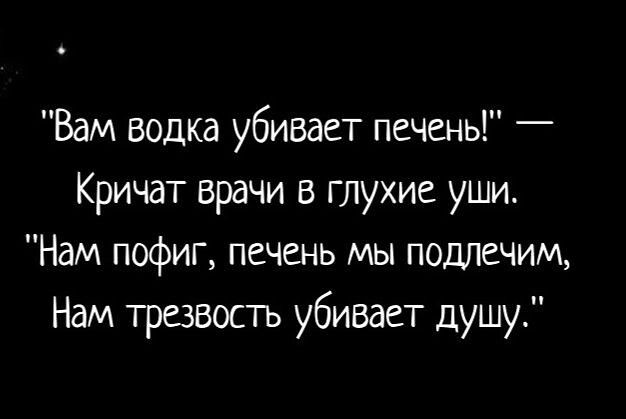 Вам водка убивает печень Кричат врачи глухие уши Нам пофиг печень мы подлечим Нам трезвость убивает душу