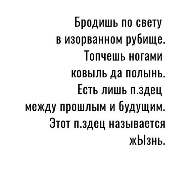 Бродишь по свету и изорванном рубище Топчешь ногами ковыль да полынь Есть лишь пздец между прошлым и будущим Этот пздец называется жЫзнь