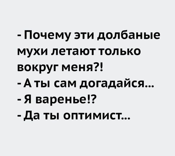 Почему эти долбаные мухи летают только вокруг меня Аты сам догадайся Я варенье Да ты оптимист