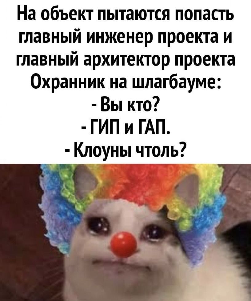 На объект пытаются попасть главный инженер проекта и главный архитектор проекта Охранник на шлагбауме Вы кто ГИП и ГАП Клоуны чтоль
