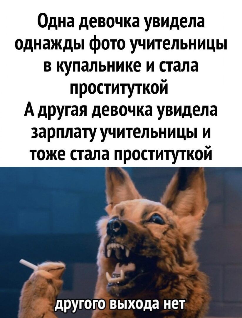 Одна девочка увидела однажды фото учительницы в купальнике и стала проституткой А другая девочка увидела зарплату учительницы и тоже стала проституткой другого выхода нет