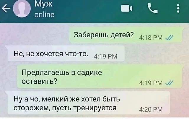 Муж оппе заберешь детей 413 РМ Не не хочется 4тото А РМ Предлагаешь в садике оставить 419 РМ 1 Ну а чо мелкий же хотел быть сторожем пусть тренируется 4 20 от