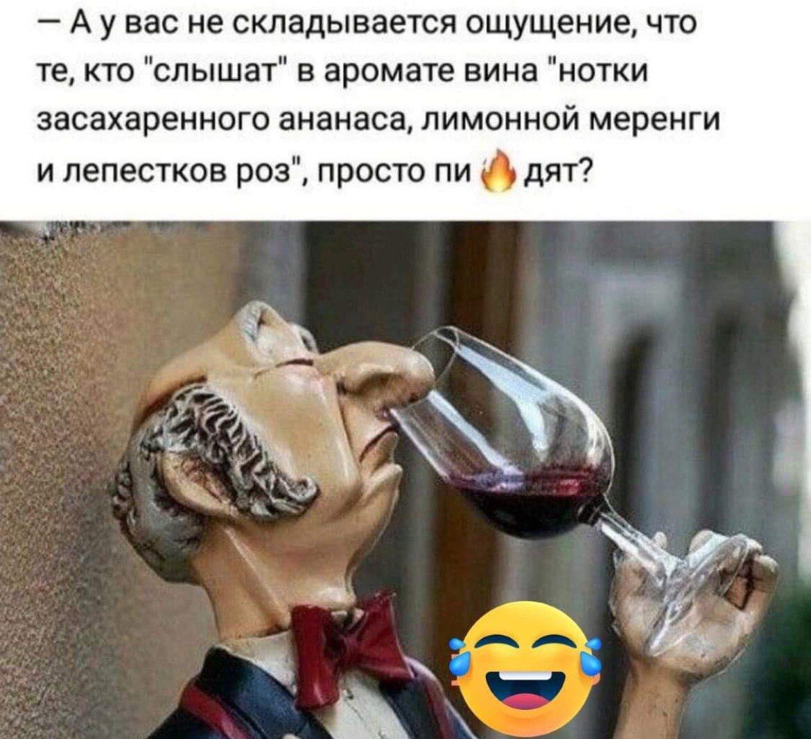А у вас не складывается ощущениечто те кто слышат аромате вина нотки засахареиного ананаса лимонной меренги и лепестков роз просто пи дят