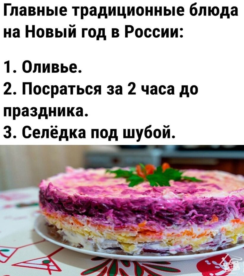 Главные традиционные блюда на Новый год в России 1 Оливье 2 Посраться за 2 часа до праздника 3 Сепёдка под шубой