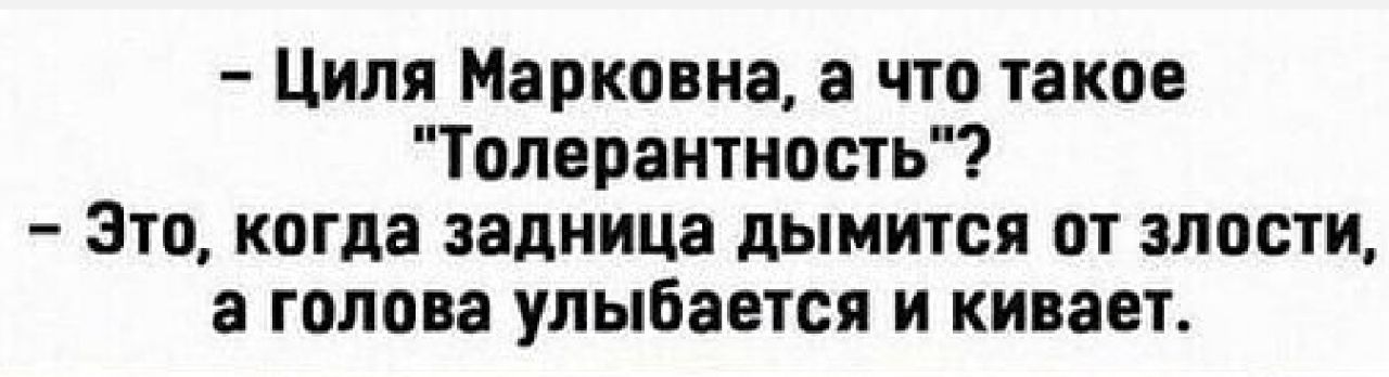 Циля Марковна а что такое Толерантность Это когда задница дымится от злости голова улыбается И кивает