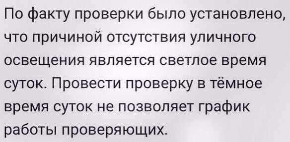 По факту проверки было установлено что причиной отсутствия уличного освещения является светлое время суток Провести проверку в тёмное время суток не позволяет график работы проверяющих