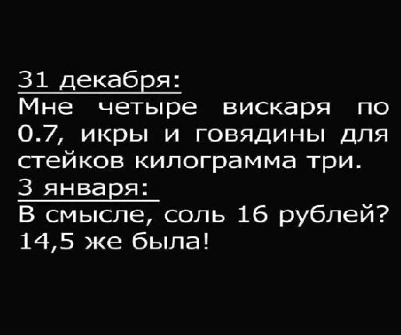 31 декабвя Мне четыре вискаря по 07 икры и говядины для сгейков килограмма три 3 янвавя В смысле соль 16 рублей 145 же была