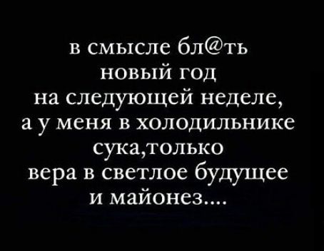 в смысле блть новый год на следующей неделе а у меня в холодильнике сукатолько вера в светлое будущее и маионез