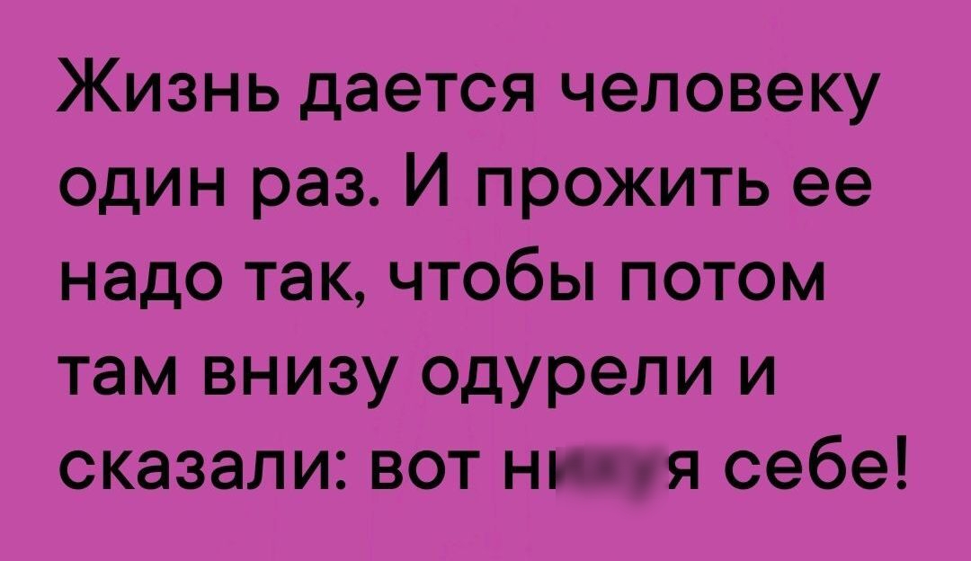 Жизнь дается человеку один раз И прожить ее надо так чтобы потом там внизу одурели и сказали вот нихуя себе