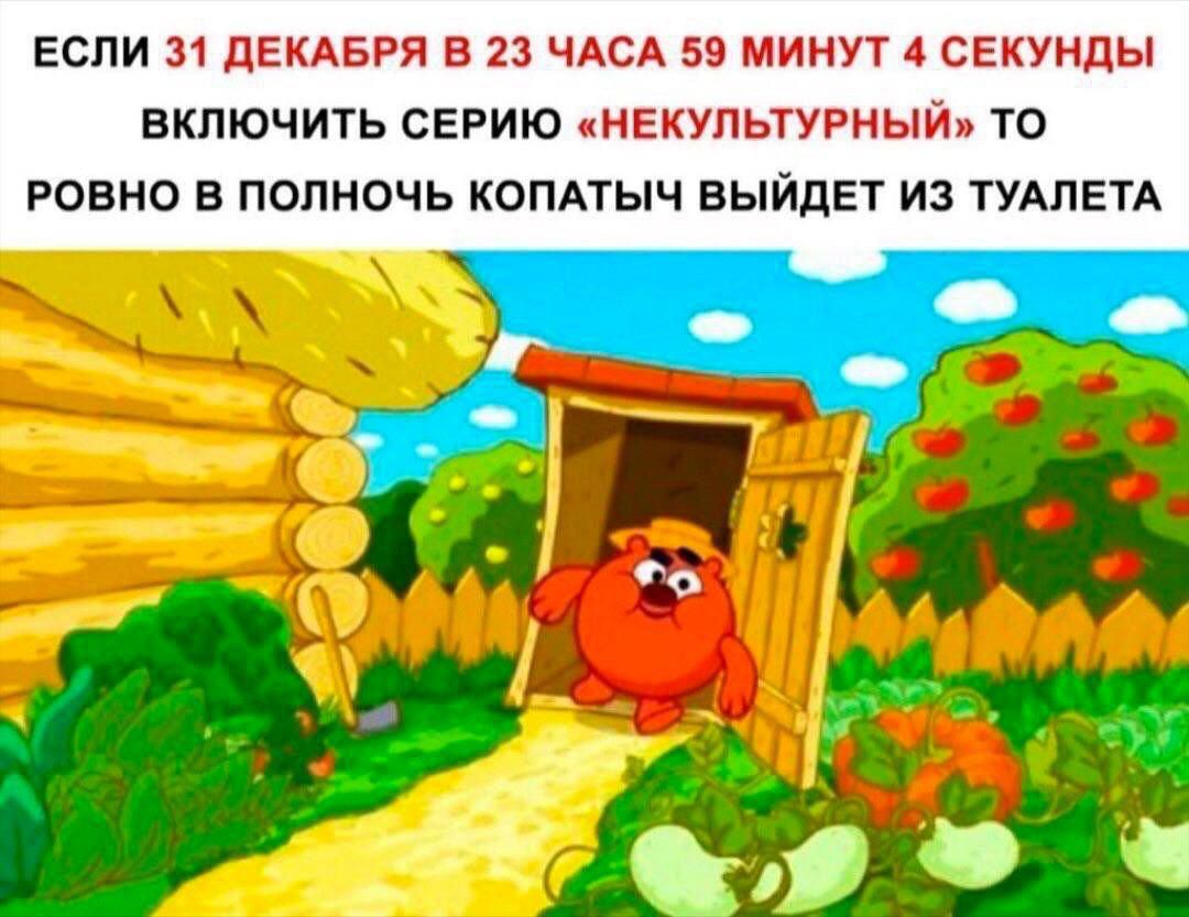 Еспи 31 дЕкАБРя в 23 ЧАСА 59 минут 4 СЕкУНды включить СЕРИЮ тЕкупьтурный то РОВНО В полночь КОПАТЫЧ ВЫЙДЕТ ИЗ ТУАЛЕТА __М _ ч