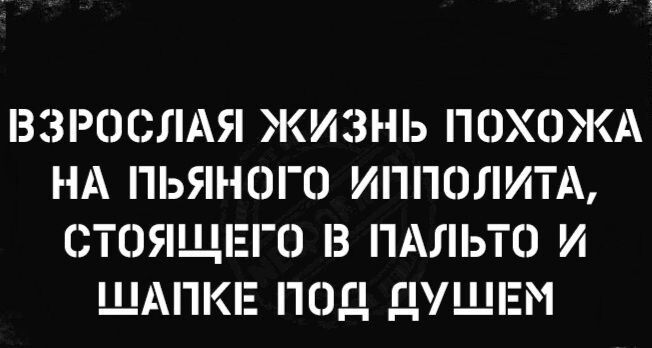 ВЗРОСЛАЯ ЖИЗНЬ ПОХОЖА НА ПЬЯНОГО ИППОЛИТА СТОЯЩЕГО З ПАЛЬТО И ЩАПКЕ ПОД ЦУЩЕМ