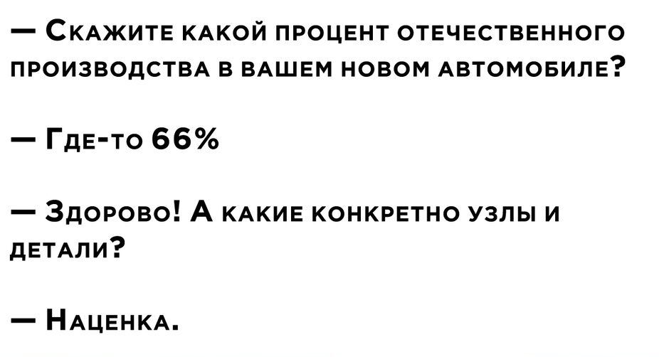 СКАЖИТЕ КАКОЙ ПРОЦЕНТ ОТЕЧЕствЕиного производствд в ВАШЕМ новом Автомовипв ГДЕ ТО 66 Здорово А КАКИЕ конкрвтно узлы и дЕТАЛИ НАЦЕНКА