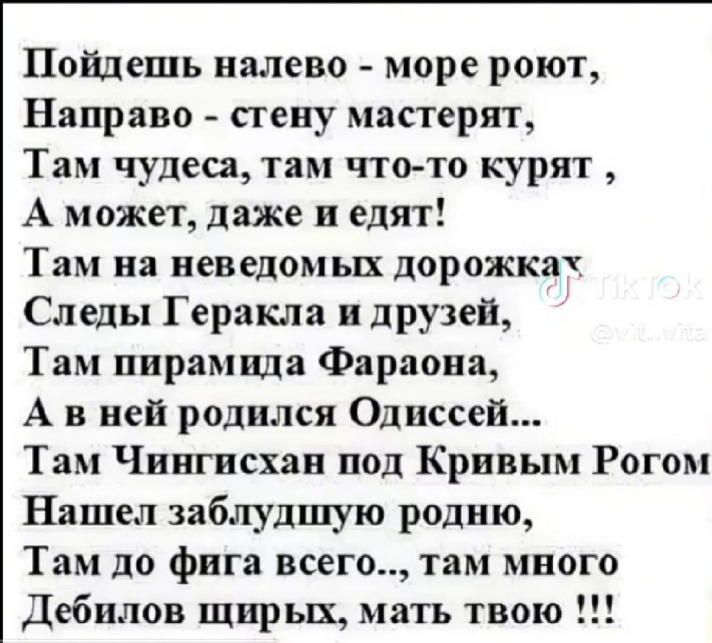 Пойдешь налево море роют Направо стену мастерят Там чудеса там что то курят А может даже и едят Там на неведомых дорожкач Следы Геракла и друзей Там пирамида Фараона А в ней родился Одиссей Там Чингисхан под Кривым Рогом Нашел заблудшую родню Там до фига всего там много Дебилов щирых мать твою