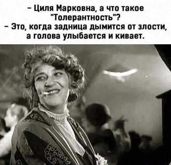 Циля Марковна а что такое Толерантность это когда задница дымится от злости а голова улыбается и кивает