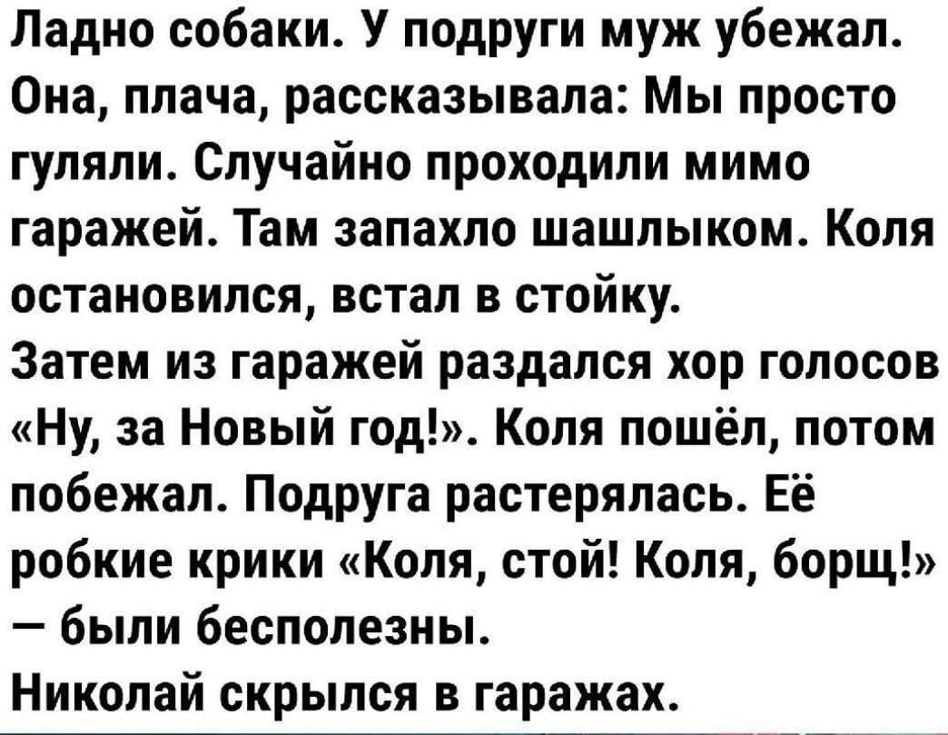 Ладно собаки У подруги муж убежал Она плача рассказывала Мы просто гуляли Случайно проходили мимо гаражей Там запахло шашлыком Коля остановился встал в стойку Затем из гаражей раздался хор голосов Ну за Новый гад Коля пошёл потом побежал Подруга растерялась Её робкие крики Коля стой Коля борщ были бесполезны Николай скрылся в гаражах