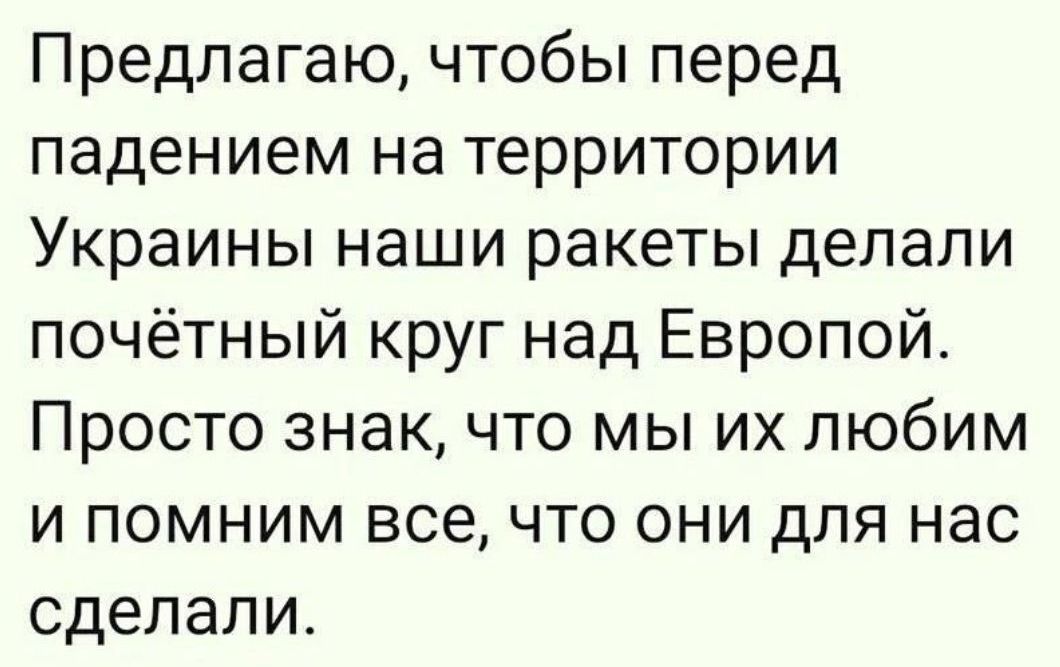 Предлагаю чтобы перед падением на территории Украины наши ракеты делали почётный круг над Европой Просто знак что мы их любим и помним все что они для нас сделали