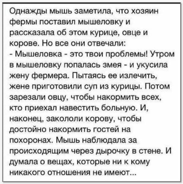 Однажды мышь заметила что хозяин фермы поставил мышеловку и рассказала об этом курица овце и корове Но все они отвечали Мышеловка это твои проблемы Утром в мышеловку попалась змея и укусила жену фермера Пытаясь ее излечить жене приготовили суп из курицы Потом зарезали овцу чтобы накормить всех кто приехал навестить больнукъ И наконец закопали корову чтобы достойно накормить гостей на похоронах Мыш