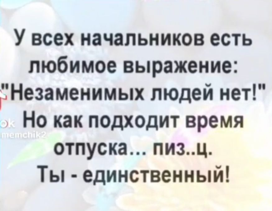 У всех начальников есть любимое выражение РНезаменимых людей нет Но как подходит время отпуска пизц Ты единственный