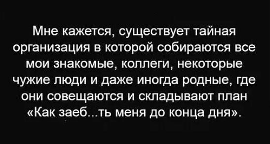 Мне кажется существует тайная организация в которой собираются все мои знакомые коллеги некоторые чужие люди и даже иногда родные где они освещаются и складывают план Как эаебть меня до конца дня