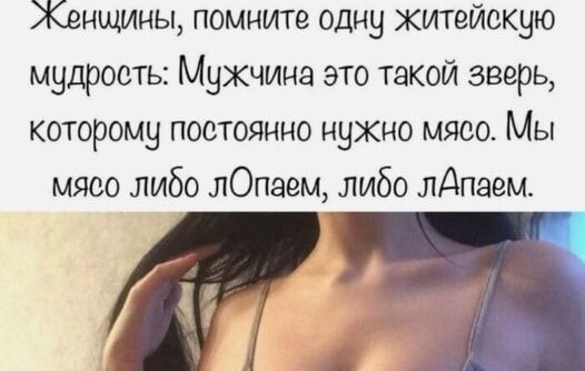 нщины помните одну житейскую мудрость Мужчина это такой зверь которому постоянно нужио мясо Мы мясо либо лОпаем либо лдпаем