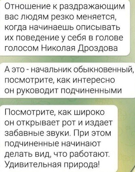 Отношение к раздражающим вас людям резко меняется когда начинаешь описывать их поведение у себя в голове голосом Николая Дроздова А это начальник обыкновенный посмотрите как интересно он руководит подчиненными Посмотрите как широко он открывает рот и издает забавные звуки При этом подчиненные начинают делать вид что работают Удивительная природа