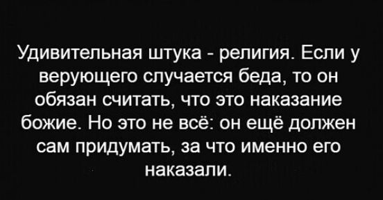 Удивительная штука религия Если у верующего случается беда то он обязан считать что это наказание божие Но это не всё он ещё должен сам придумать за что именно его наказали