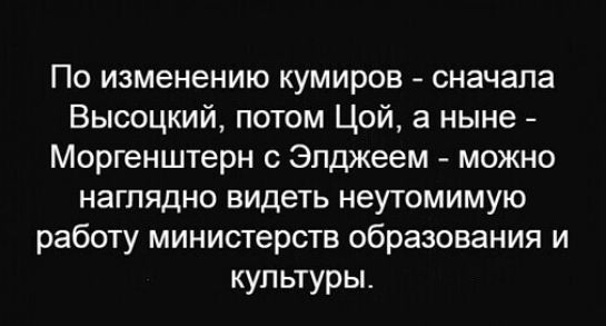 ПО изменению кумиров СНЭЧаПЭ Высоцкий потом Цой а ныне Моргенштерн с Эпджеем можно наглядно видеть неутомимую работу министерств образования и культуры