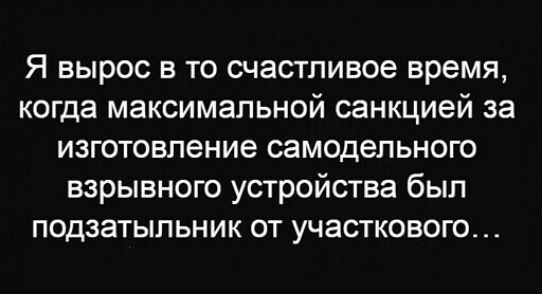 Я вырос в то счастливое время когда максимальной санкцией за изготовление самодельного взрывного устройства был подзатыльник от участкового