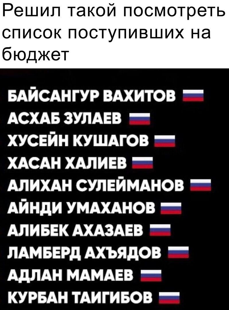 Решип такой посмотреть список поступивших на бюджет вдйсднгур вдхитов _ АСХАБ ЗУПАЕВ хусвйн кушдгов хдсдн хдливв _ АЛИХАН сулнймднов Айнди умдхднов АЛИБЕК АХАЗАЕВ ЛАМБЕРд Ахъядов _ АдЛАН МАМАЕВ курии ТАИГИБОВ