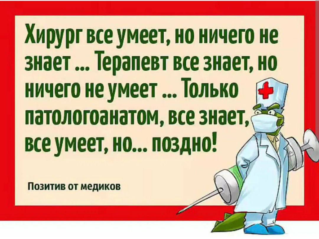 Хирург все умеет но ничего не знает Терапевт все знает но ничего не умеет Только дэ патологоанатом все знает все умеет но поздно позами ог медики