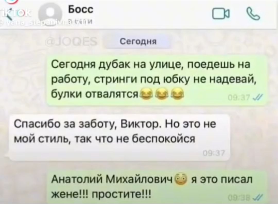 Босс С спали Сегедия дубак на улице поедешь на работу стринги под юбку не надевай булки женятся 11 Спасибо за заботу Виктор Но это не мой стиль так что не беспокойся