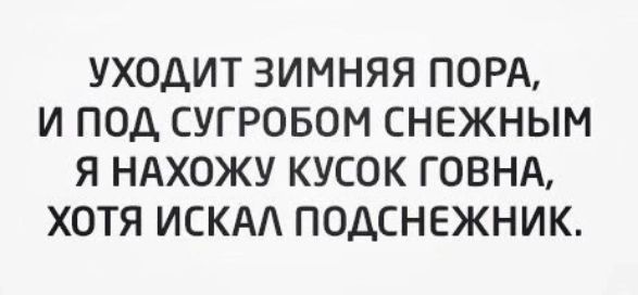 УХОДИТ ЗИМНЯЯ ПОРА И ПОД СУГРОБОМ СНЕЖНЫМ Я НАХОЖУ КУСОК ГОВНА ХОТЯ ИСКА ПОАСНЕЖНИК